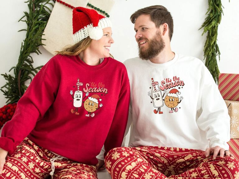 Tis the Season milk and cookies matching couples Christmas sweaters