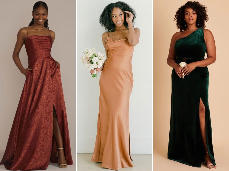 three elegant fall-colored bridesmaid dresses