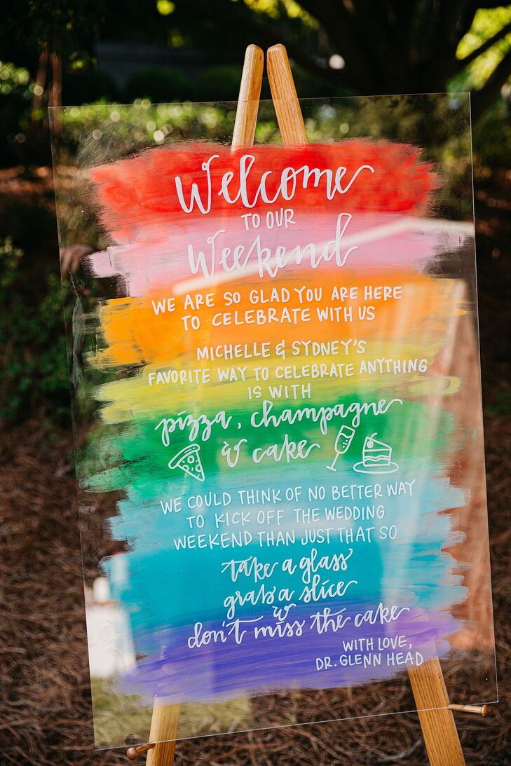 Rainbow-Painted Acrylic Welcome Sign at Hotel Domestique in Travelers Rest, South Carolina