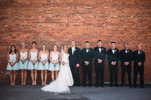 Blue Bridesmaid Dresses and Black Tuxedos