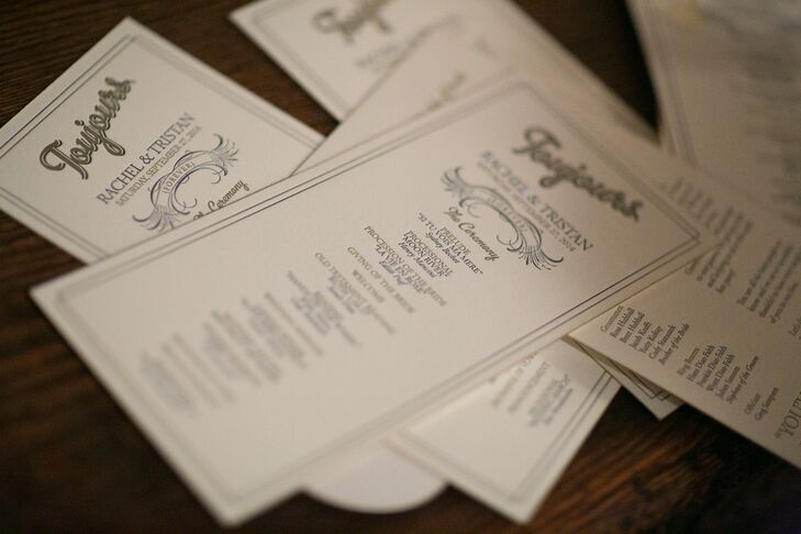 Rachel, a self-proclaimed Francophile, looked to the City of Love for inspiration when choosing everything from the color palette to the stationery. The couple decided on a color scheme of soft blue, cappuccino, ivory and blush (reflecting the rooftops of Paris) and decorative typefaces and flourishes that had a distinctive Belle Epoque-inspired feel.