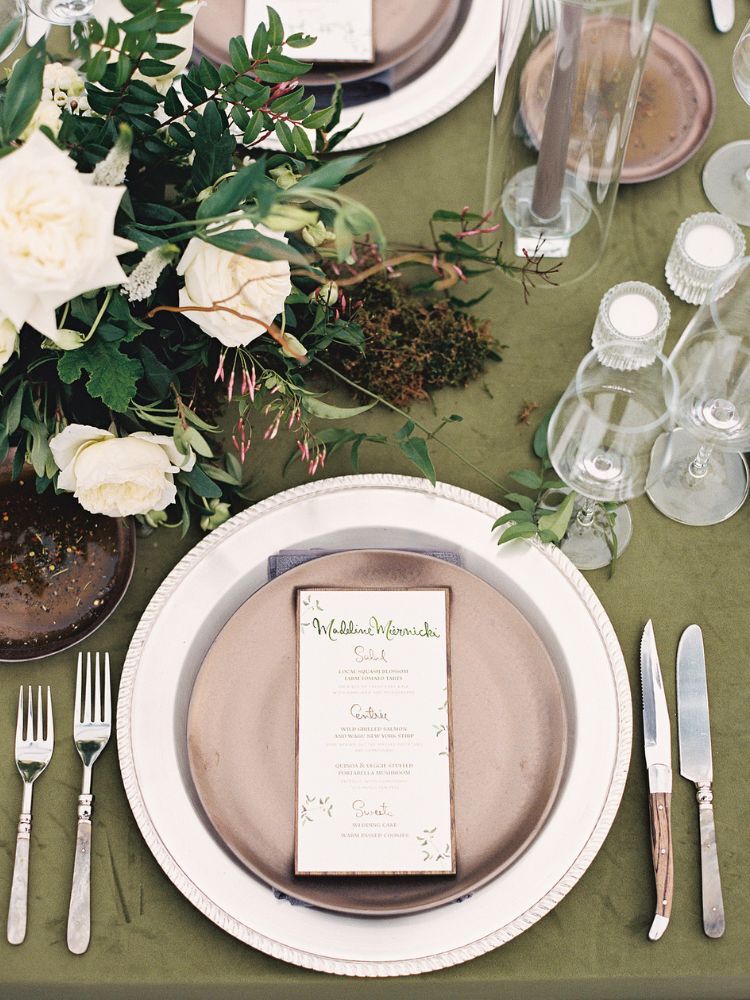 rustic green-and-gray wedding place setting