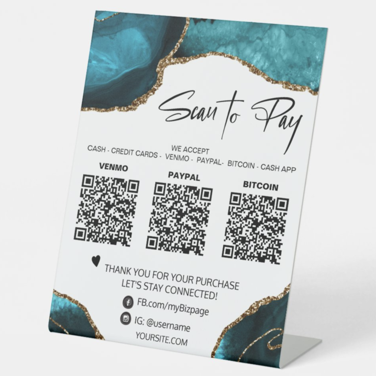 Tabletop QR code payment turquoise and gold cash bar sign for wedding