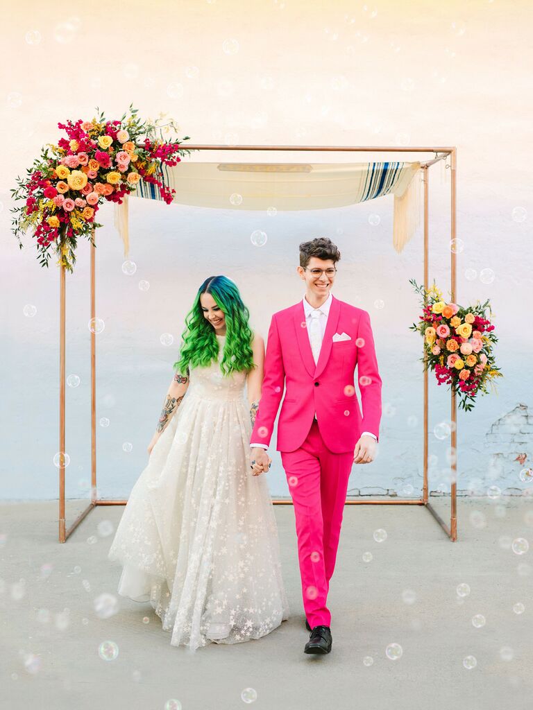 70s themed wedding neon suit