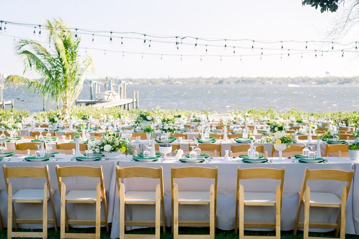 Casual Backyard Reception with String Lights and Neutral Linens