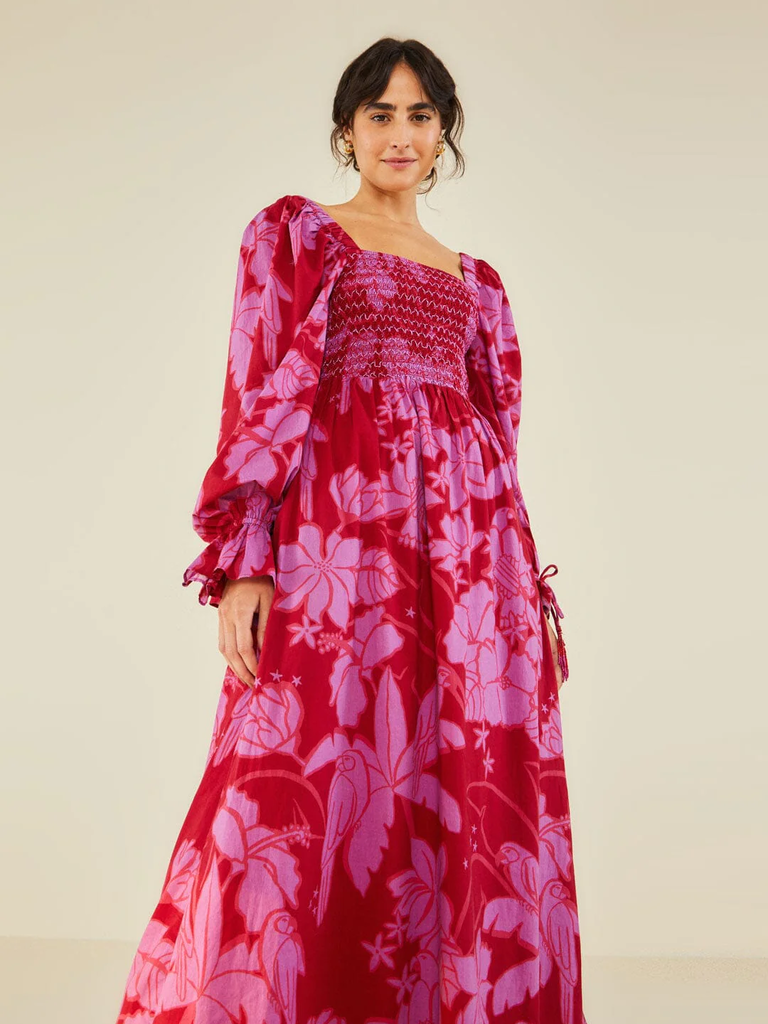 A model shows off this floor-length floral engagement gown.