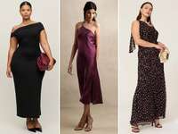 collage of three elegant one-shoulder wedding guest dresses