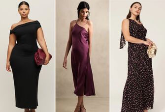collage of three elegant one-shoulder wedding guest dresses