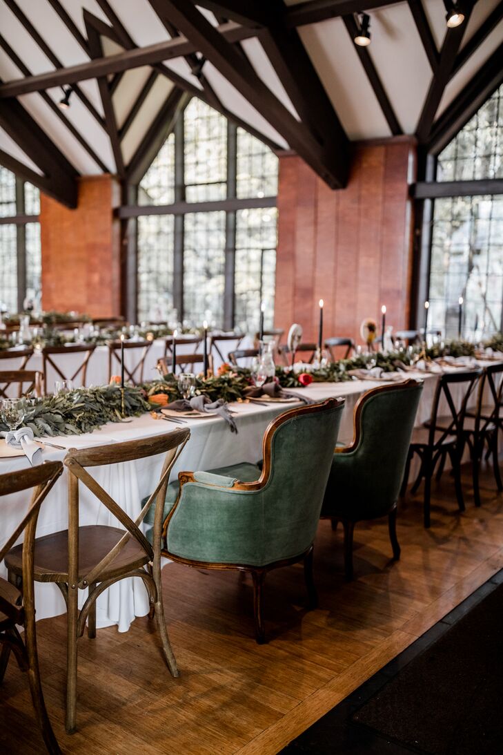 Green Velvet Sweetheart Chairs at Rustic Recepiton