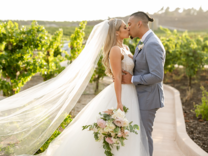 bride and groom kissing in a vineyard