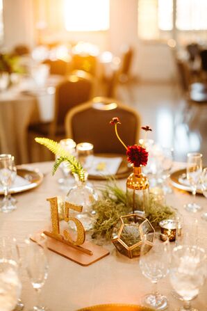 Gold Terrariums and Vases with Dahlias and Glitter Table Numbers