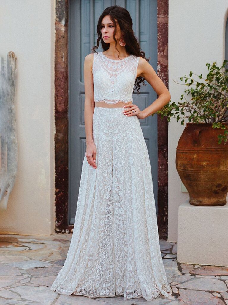 allure bridals white lace high neck two piece wedding dress set with lace mesh cap sleeves allover lace chest crop top and wide leg flowy pants