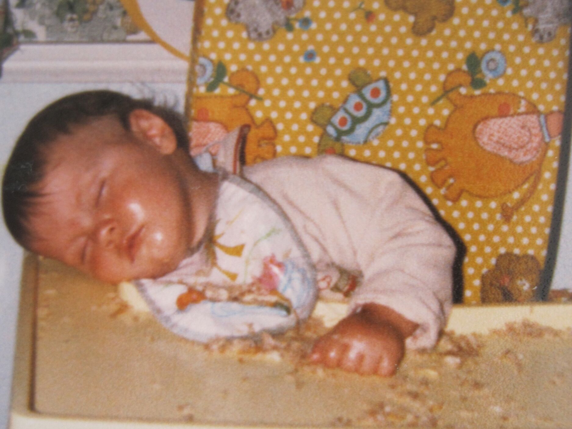 Picture of Baby Andrew snoozing in his spaghetti...