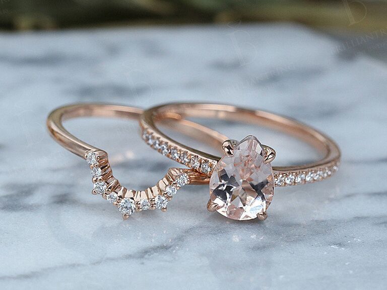 Brilliant Ring morganite and moissanite engagement ring and wedding and set in rose gold