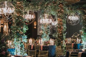 Greenery Installations With Geometric Chandeliers Over Tables, Dark Reception