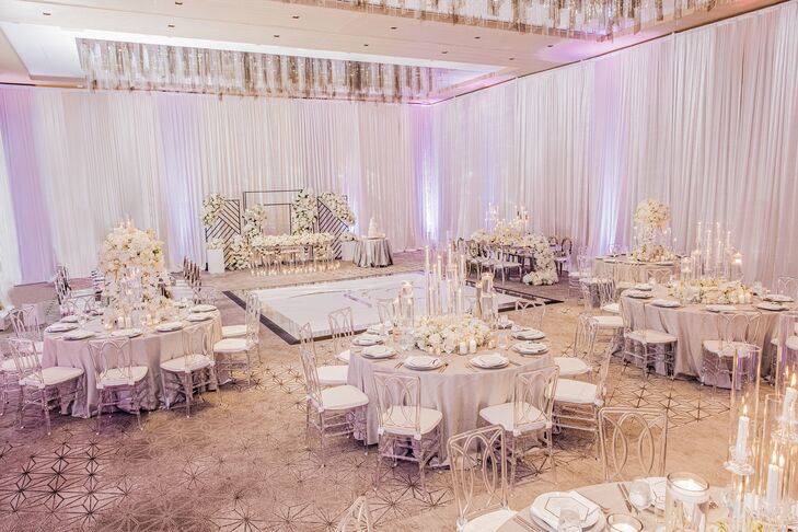 Ballroom Wedding Reception With Draping and Acrylic Chairs
