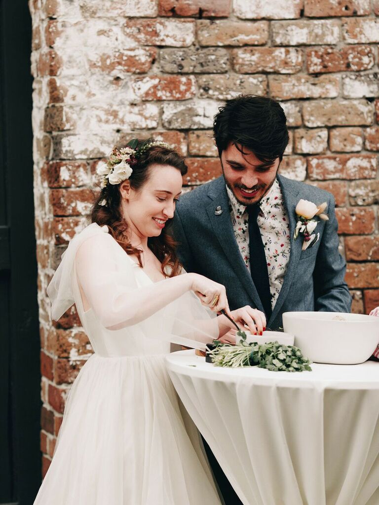 Bride and groom making guacamole during wedding unity ceremony
