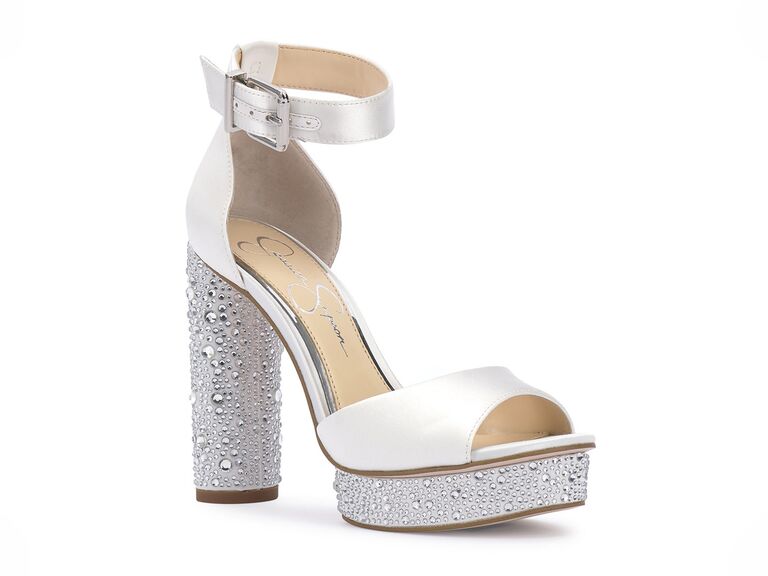 Jessica Simpson white wedding shoes with rhinestone platform and chunky heel