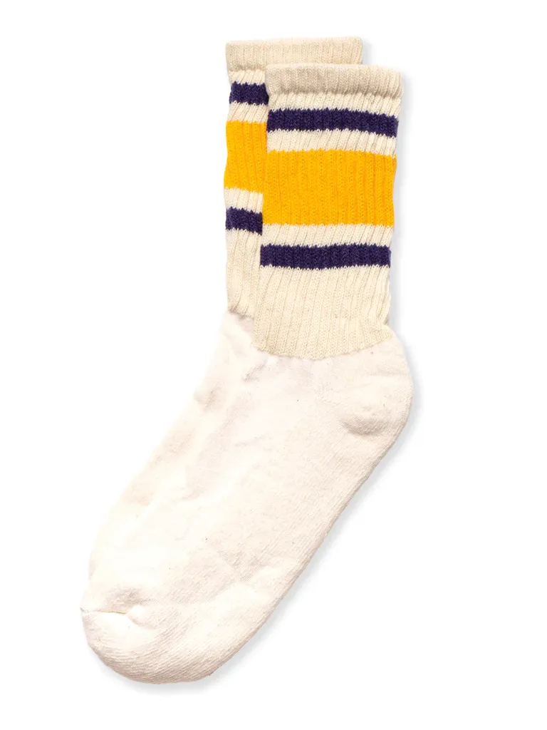 Retro gold and purple striped ivory tube sock for groomsmen