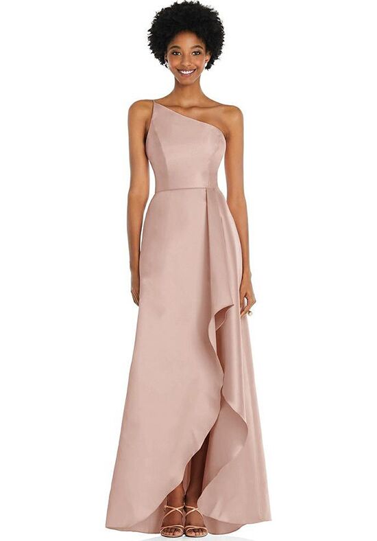 Dessy Group One-Shoulder Satin Gown with Draped Front Slit and Pockets - D831 One Shoulder Bridesmaid Dress - 1