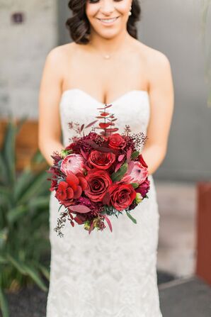 Red Bouquet with Roses, Proteas and Eucalyptus