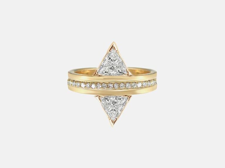 two stone ring with trillion cut diamonds in yellow gold setting