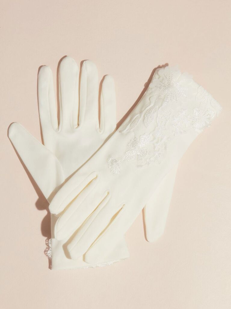 David's Bridal timeless lace wrist-length bridal gloves with sequins