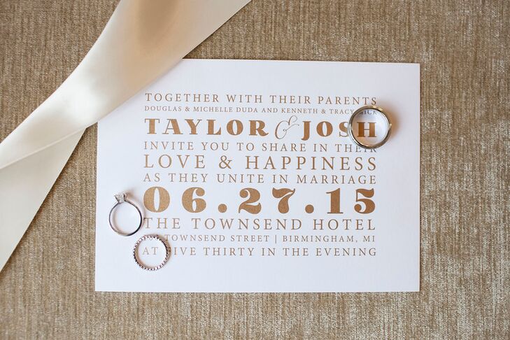 Josh designed Taylor's platinum solitaire engagement ring and diamond wedding band. His ring is made of tungsten.