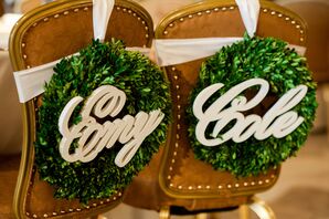 Bride and Groom Reception Chair Wreaths