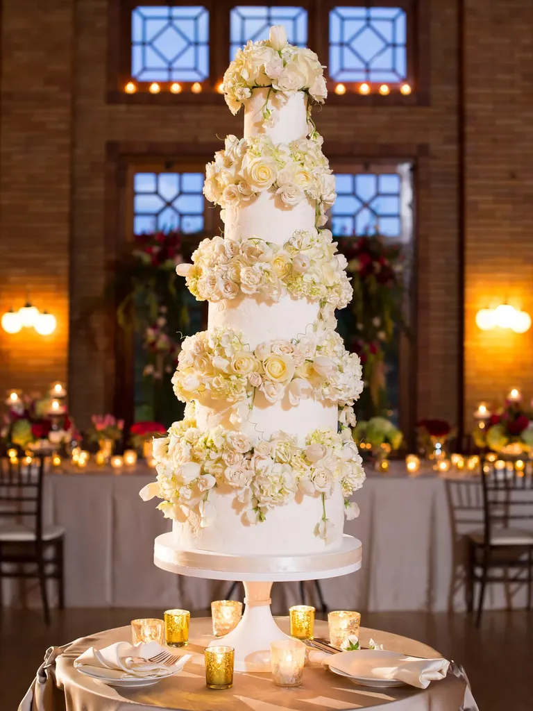 Five-Tier White and Cream Wedding Cake