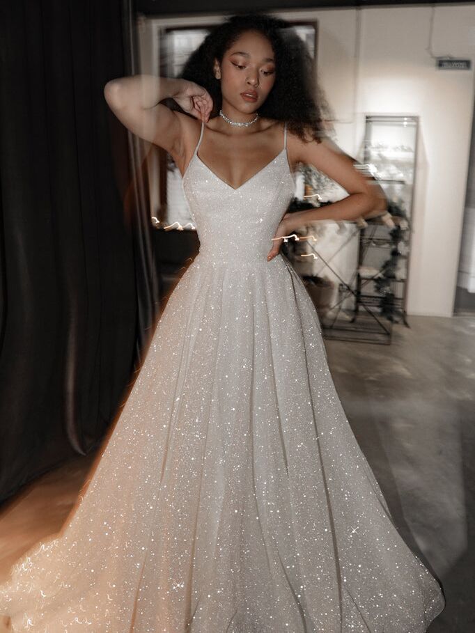 Sparkly petite wedding dress by Olivia Bottega. 