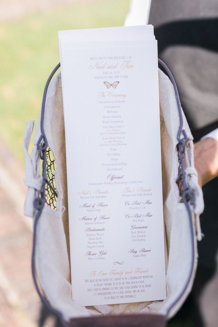 For their invitations and ceremony programs, Noel and Tim enlisted the designers at Perfectly Invited. The team created a custom design, incorporating elements like butterfly motifs and a palette of pastel hues as a nod to the garden and spring-inspired themes.