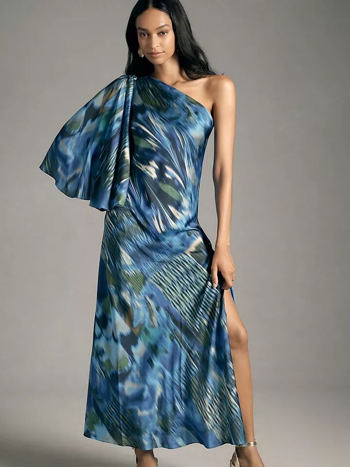 Mandira Wirk one-shoulder printed dress in green, blue, and white from Anthropologie