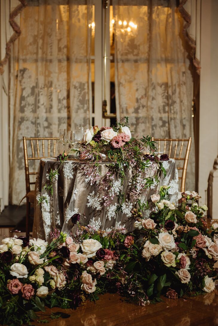 Blush and Plum Rose Sweetheart Table Floral Arrangements