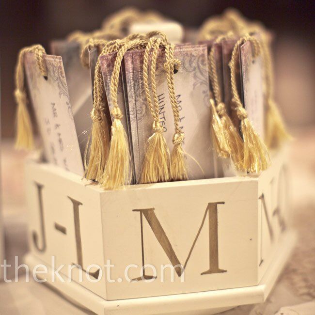 Table assignments were written on bookmarks, which were organized in wooden boxes similar to card catalog drawers.