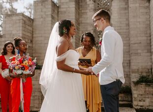 Milan and Ian do things their way—and they color with every Crayon in the box when doing it. For their wedding, “The color palette was a bit of everyt