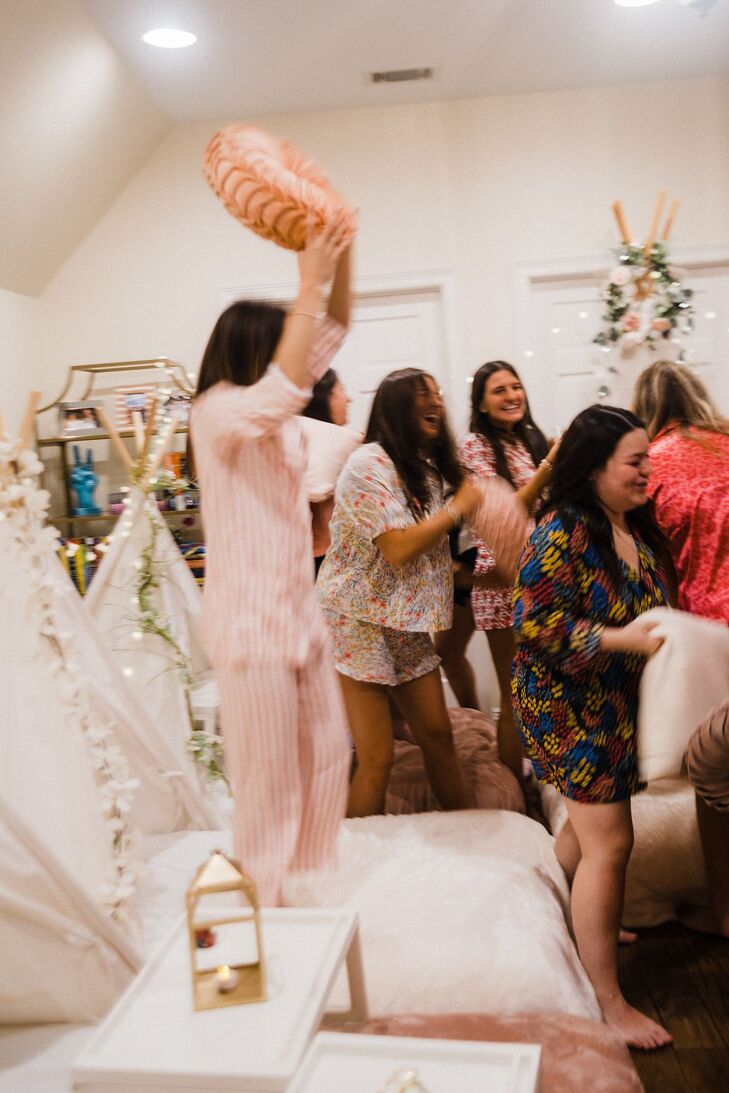 Pillow Fight at Bridesmaid Sleepover in Dallas, Texas