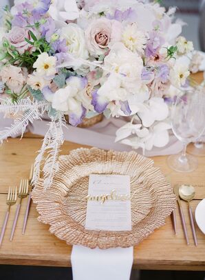 Place Setting with Rose Gold Charger and Purple Centerpiece