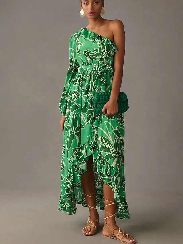 A green one shoulder maxi dress with a leafy pattern from Anthropologie