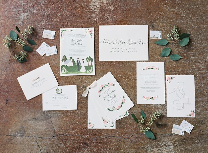 Stamped with a wax seal, each of the couple’s 165 guests received a “J + J” labeled invitation suite accented with a custom drawing of the couple and St. David’s in the Pines Episcopal Church.