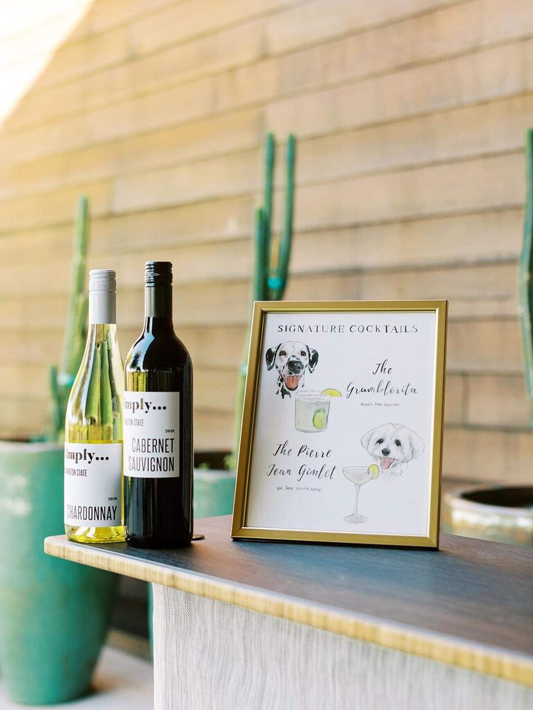 Watercolor cocktails and pets faces signature cocktails bar sign for wedding
