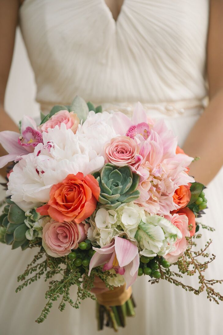 Stephanie's bouquet was filled with peonies, roses, hydrangeas, orchids and succulents in shades of pink, coral and green.