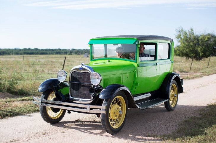 It was important to Talia and Casey that they include their family and friends in many aspects of their wedding day. The wedding held on Talia's family's property, and her uncle drove her to the wedding ceremony in his bright green vintage car.