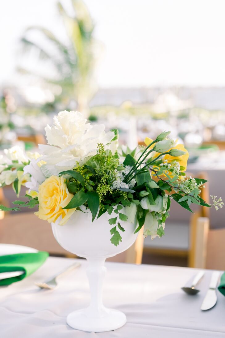 Simple Centerpiece with Greenery, Yellow Roses and White Flowers