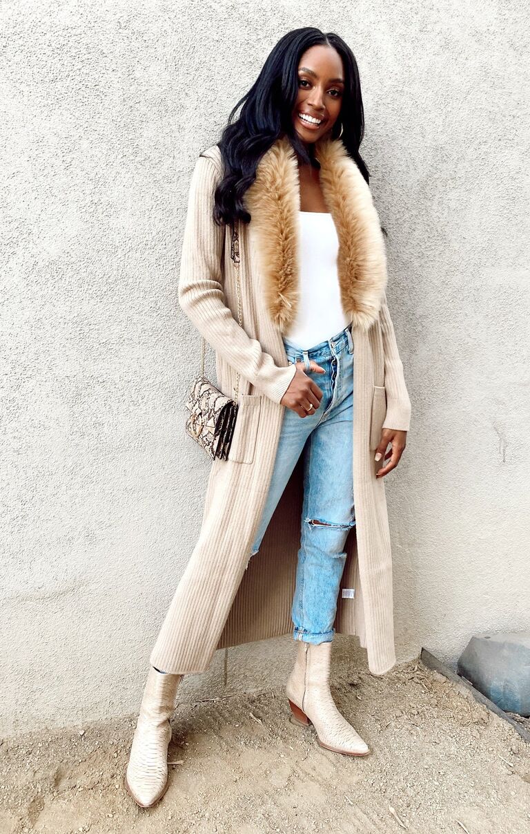 long fur trimmed cardigan with pockets