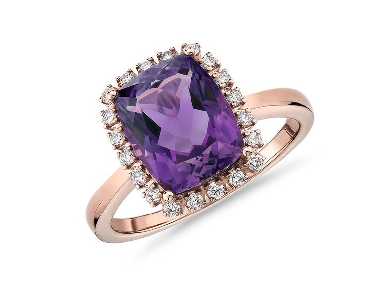 blue nile rose gold engagement ring with cushion cut amethyst round diamond halo and plain rose gold band