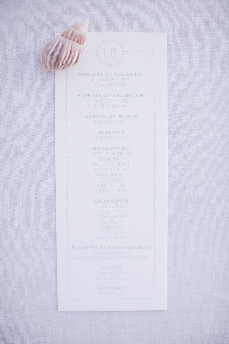 Leah and Brian had Sugar Paper create simple and contemporary wedding programs with clean fonts in pale blue on crisp white stationary topped with a custom monogram.