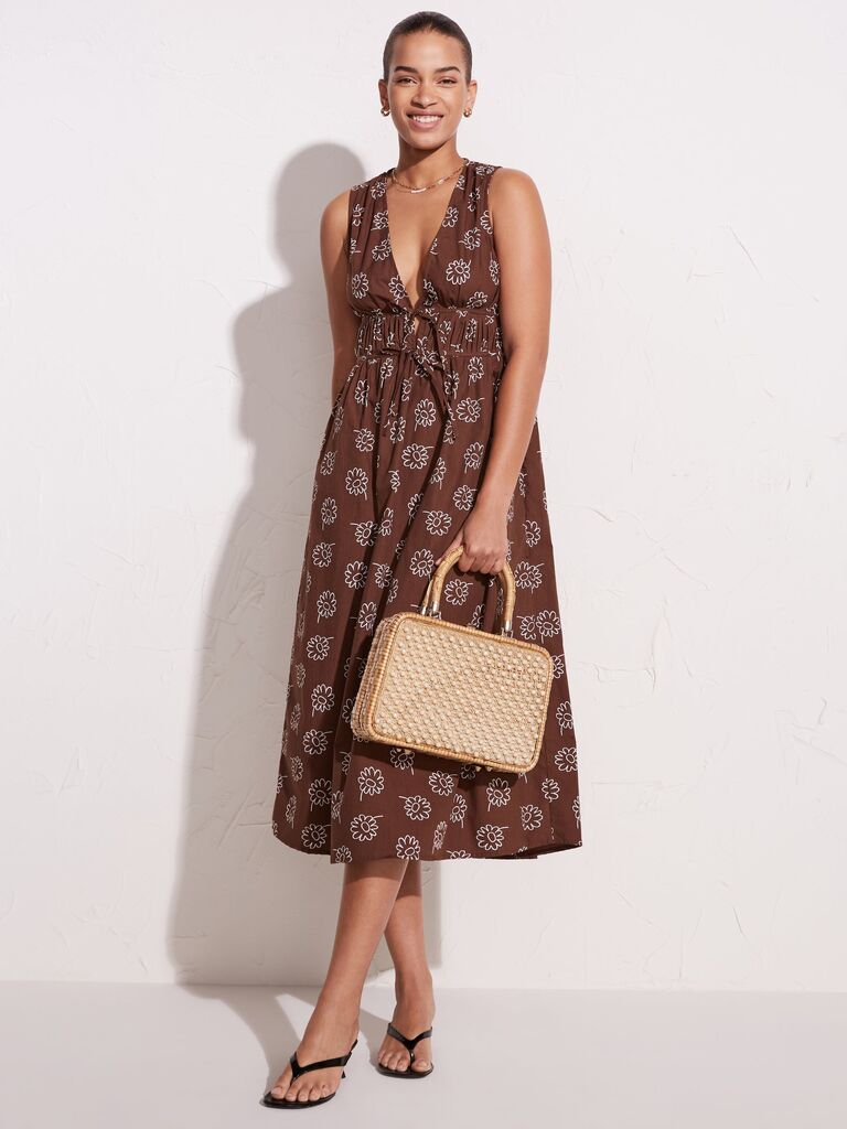 Faithfull the Brand brown and white floral midi dress for wedding guests