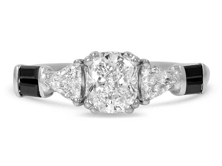 Diamond engagement ring with black diamond side stones