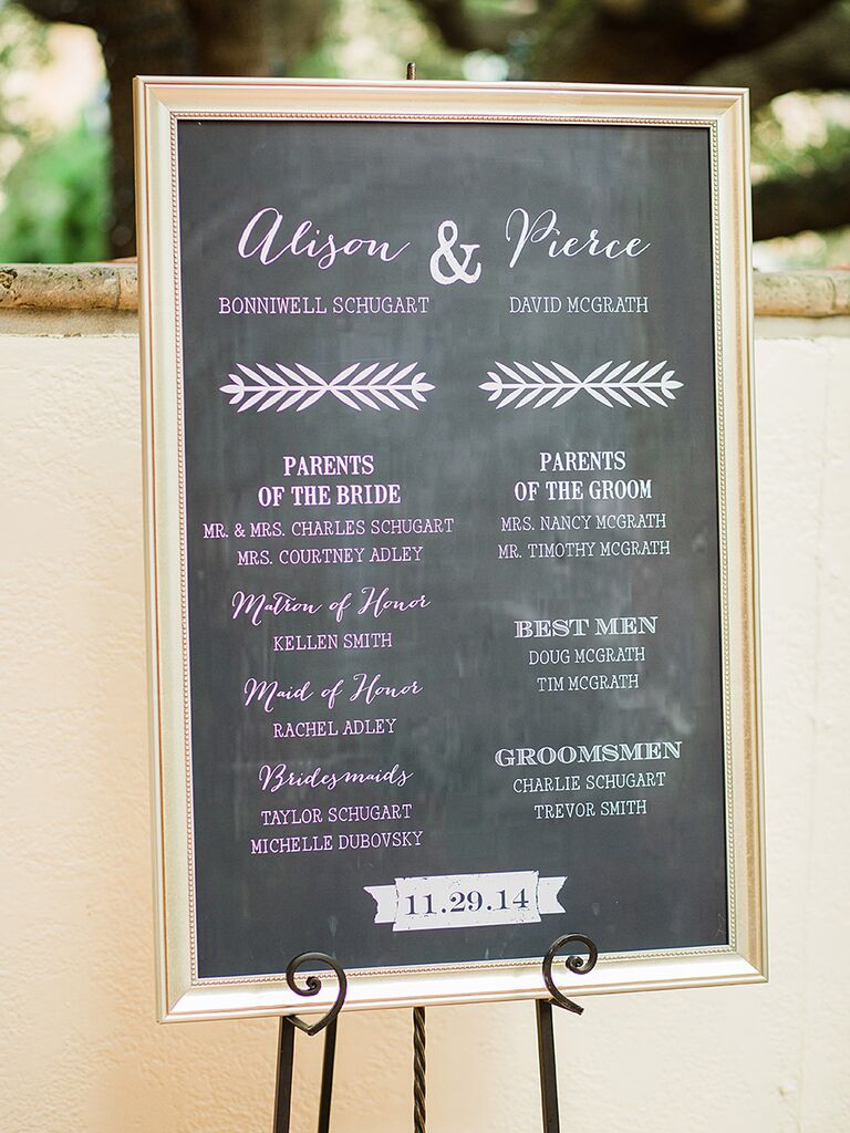 Wedding ceremony sign with the wedding party and family names